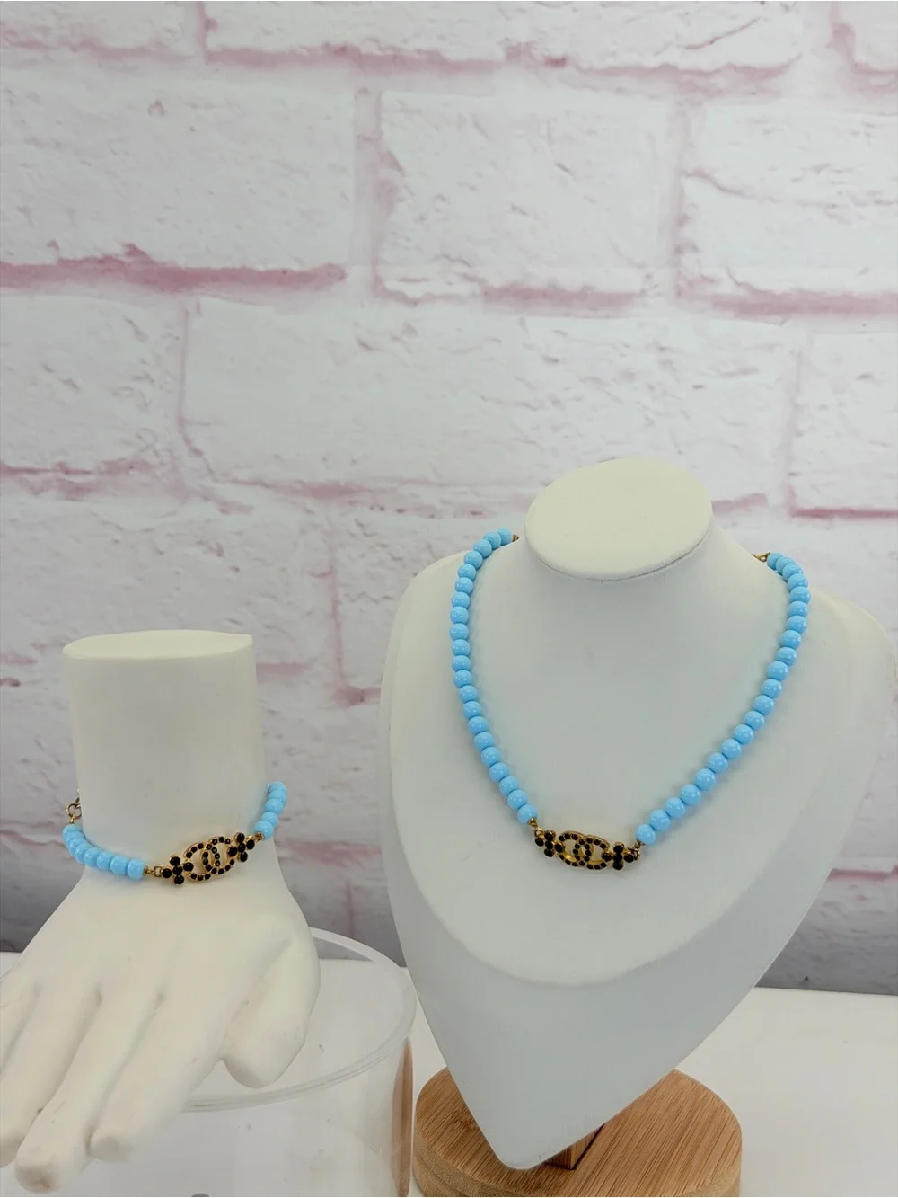Chanel C23A Pearl Coco Mark Rhinestone Bracelet Tiffany Blue